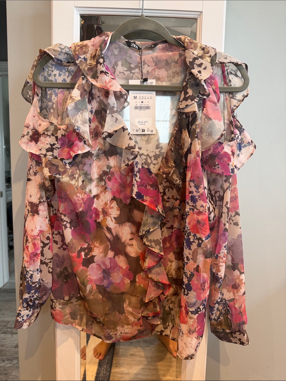 Zara Pink Multi Floral Ruffle Cold-Shoulder Blouse